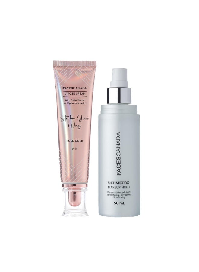 فاسيسكانادا مجموعة فيس كندا جلو آند جو كومبو - كريم ستروب ذهبي وردي (30 مل) ومثبت مكياج (50 مل) | إشراقة طبيعية تدوم طوال اليوم | مثبت مكياج مرطب | مجموعة مكياج متألقة ومشرقة، قطعتان - Image 1